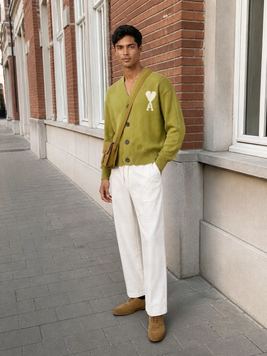 An olive Ami cardigan sits over crisp ivory deck shorts for an easy, light-toned summer uniform that still feels considered. Camel suede lace-ups and a matching suede crossbody keep everything soft and tonal, adding quiet structure without disturbing the relaxed lines. The result is a warm, minimalist palette that moves easily from a late brunch to a low-key evening on a terrace.