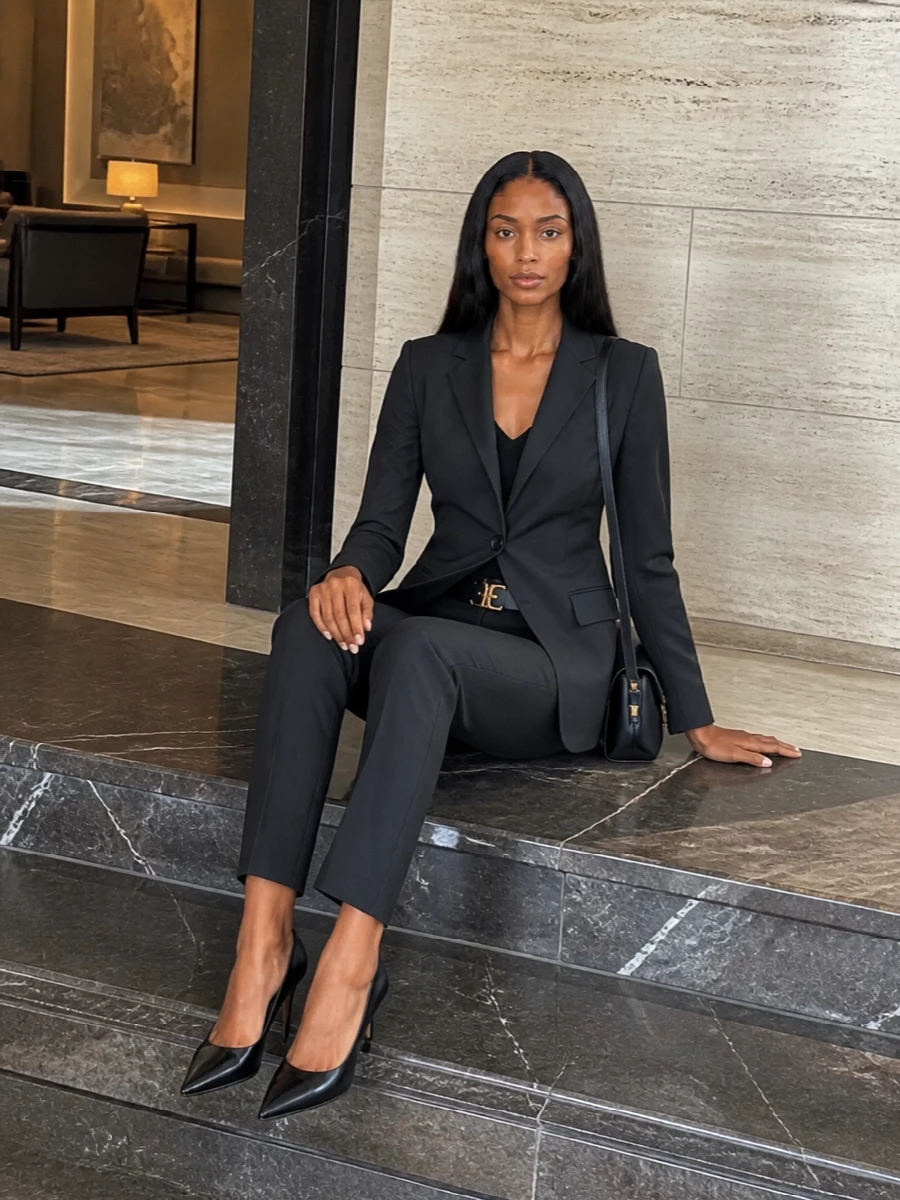 Pinko charcoal pantsuit black pumps belt
