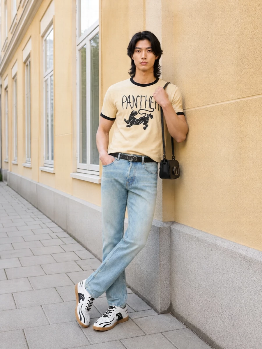 A butter-toned graphic tee and sun-faded straight denim create an easy, modern riff on classic campus style. Panther-detail sneakers mirror the top’s print for a deliberate head-to-toe narrative, while a black VLogo belt and sleek crossbody keep the finish clean and quietly sharp. The result is relaxed, graphic and polished enough for city days that do not feel over-styled.