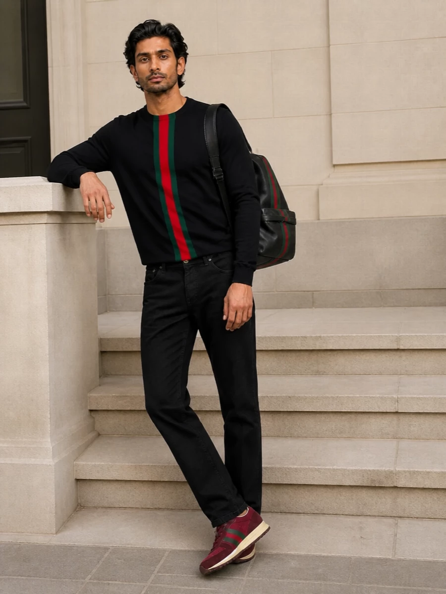 Gucci burgundy runner black sweater jeans men