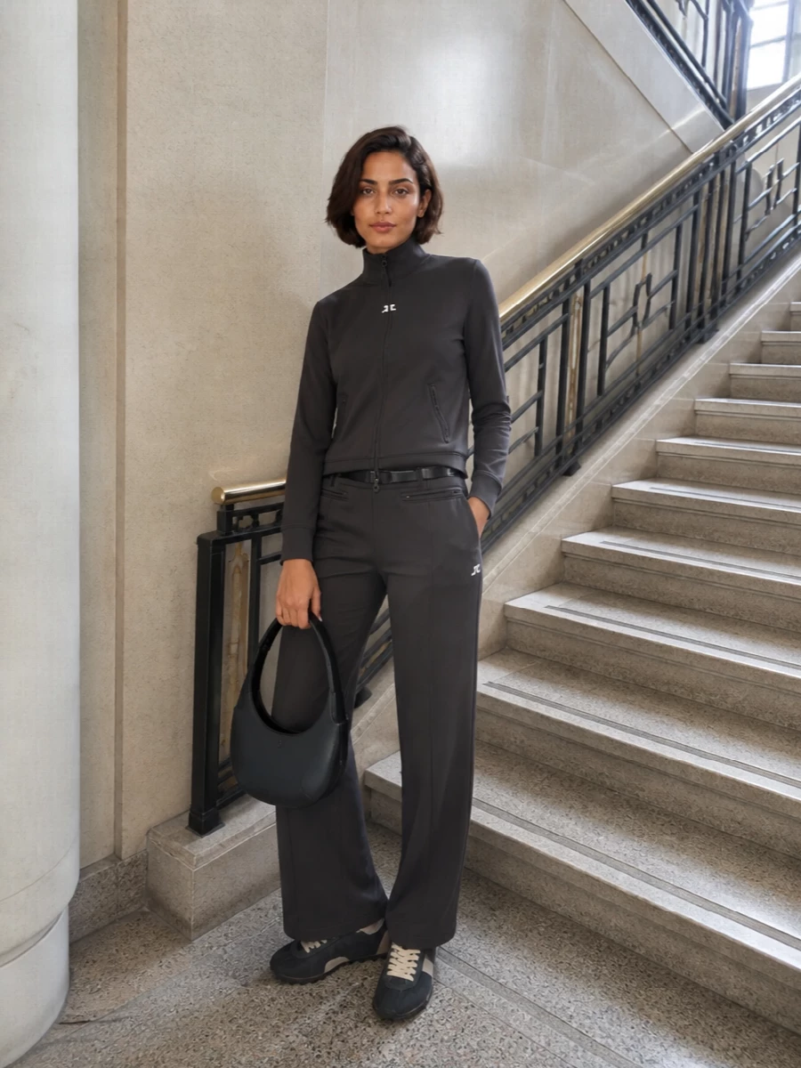 Courreges track jacket wide leg pants outfit