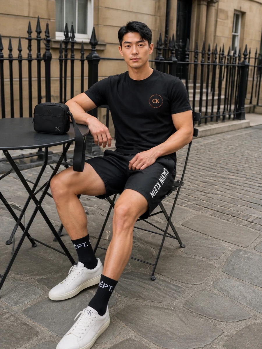 Calvin klein black tee outfit with shorts