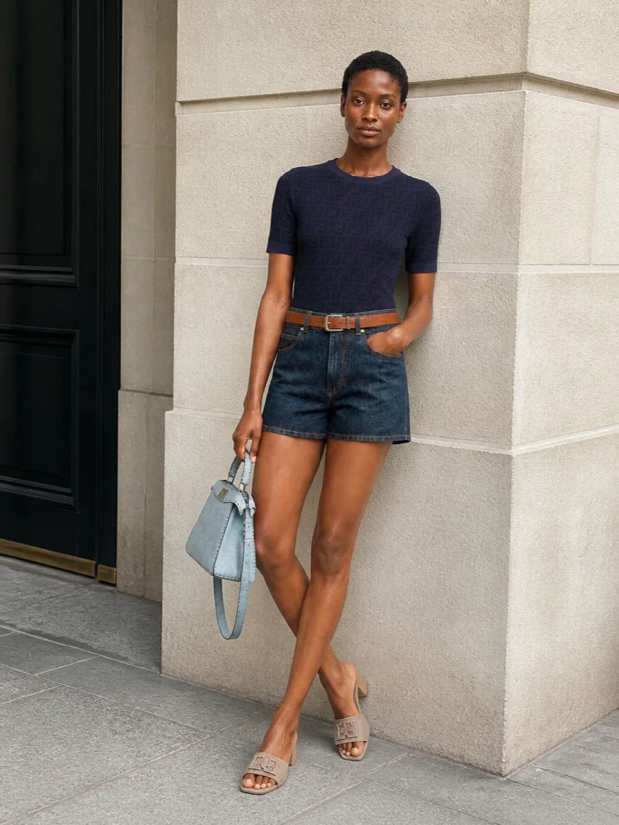 Fendi indigo shorts navy knit outfit ideas