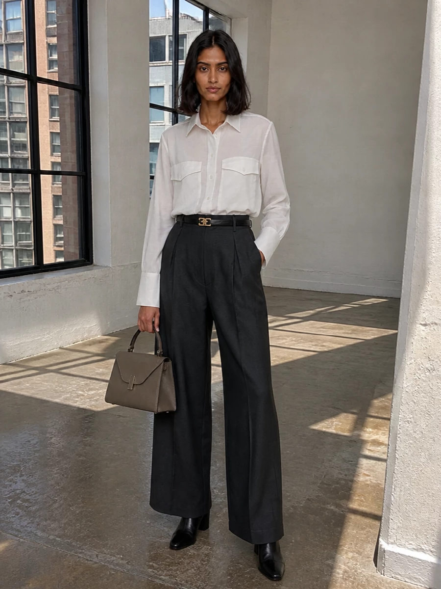 Victoria beckham wide leg trousers valextra bag