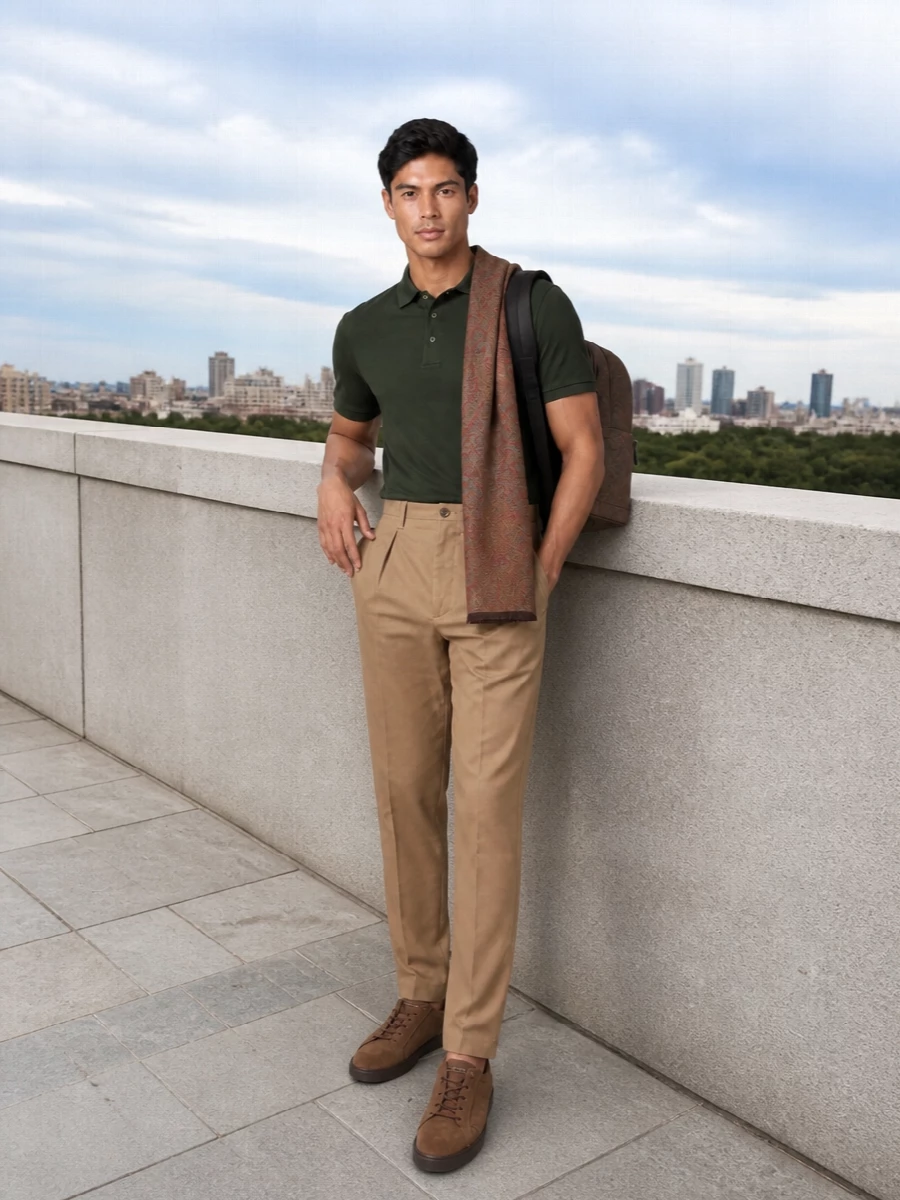 Etro olive polo camel trousers tods sneakers