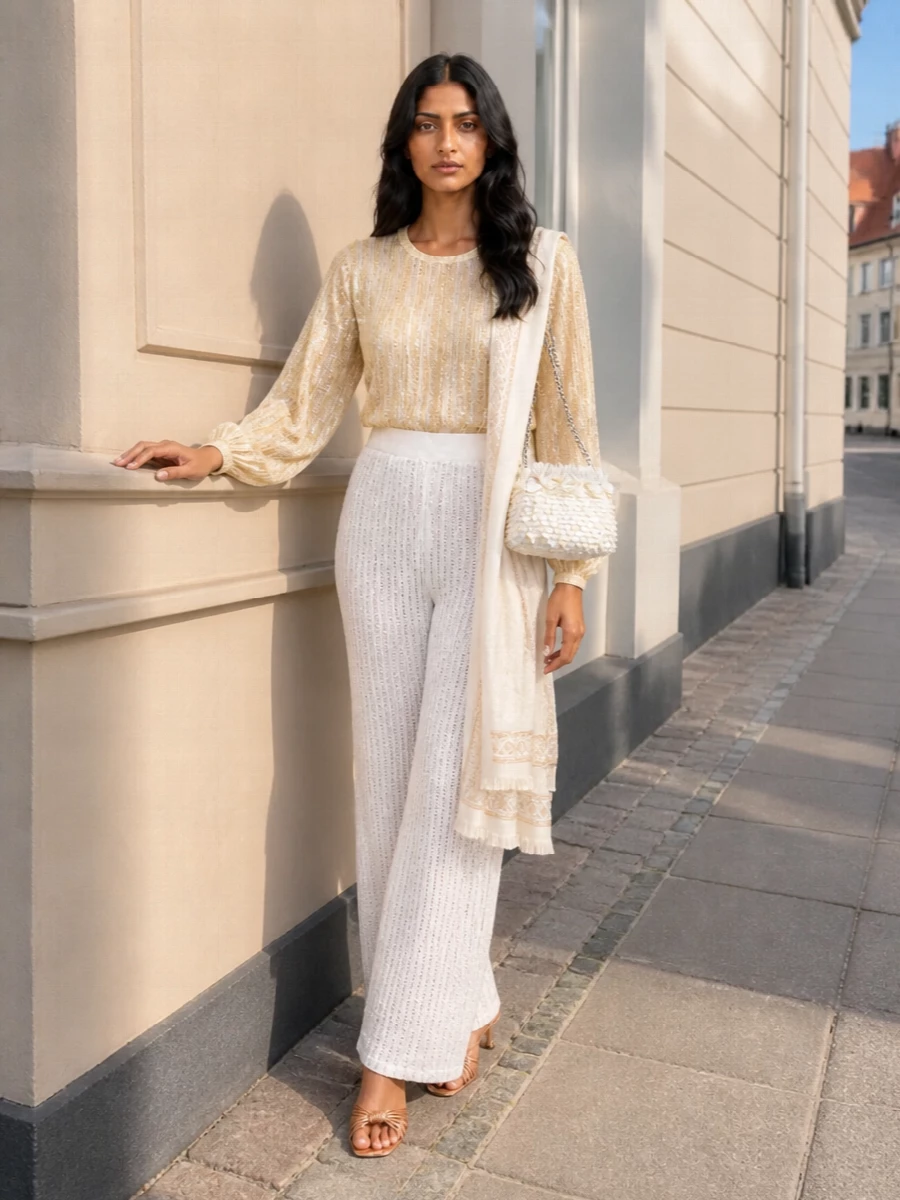 Missoni sequin pants champagne blouse outfit