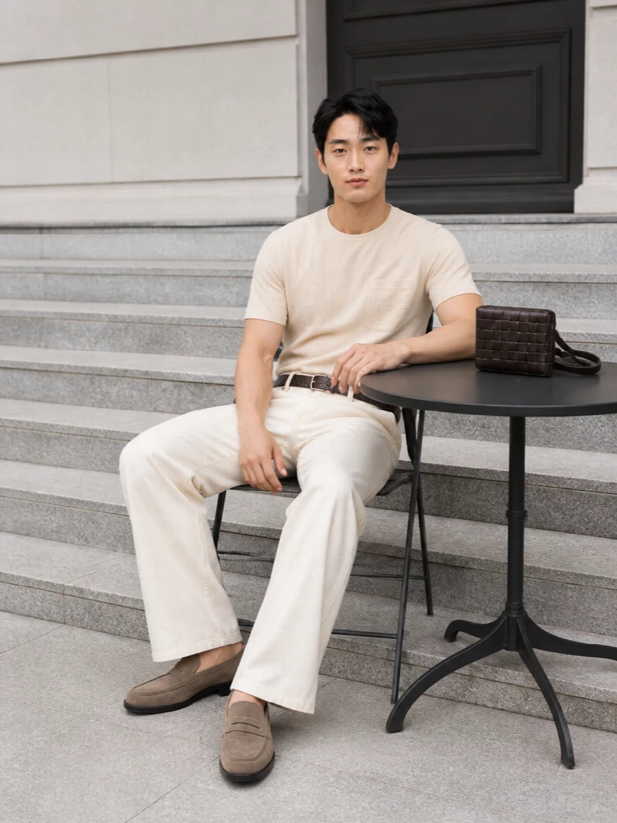 Loewe cream wide leg jeans neutral suede loafers