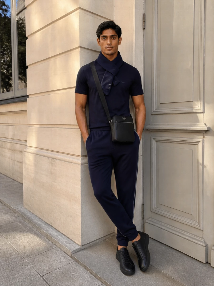 A deep navy story keeps this outfit calm and precise, from the clean tee through to the streamlined track pants. Black monochrome sneakers and a slim crossbody keep the mood quietly polished, so it feels considered enough for city errands or travel without ever trying too hard. The navy scarf adds just enough structure at the neck to tie everything together in cooler weather.