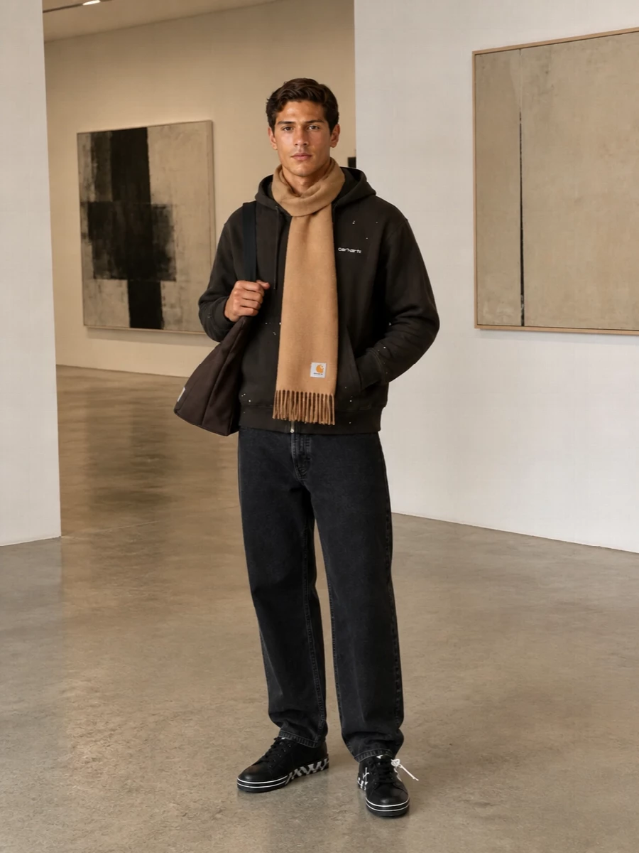 Carhartt hoodie black jeans off white sneakers