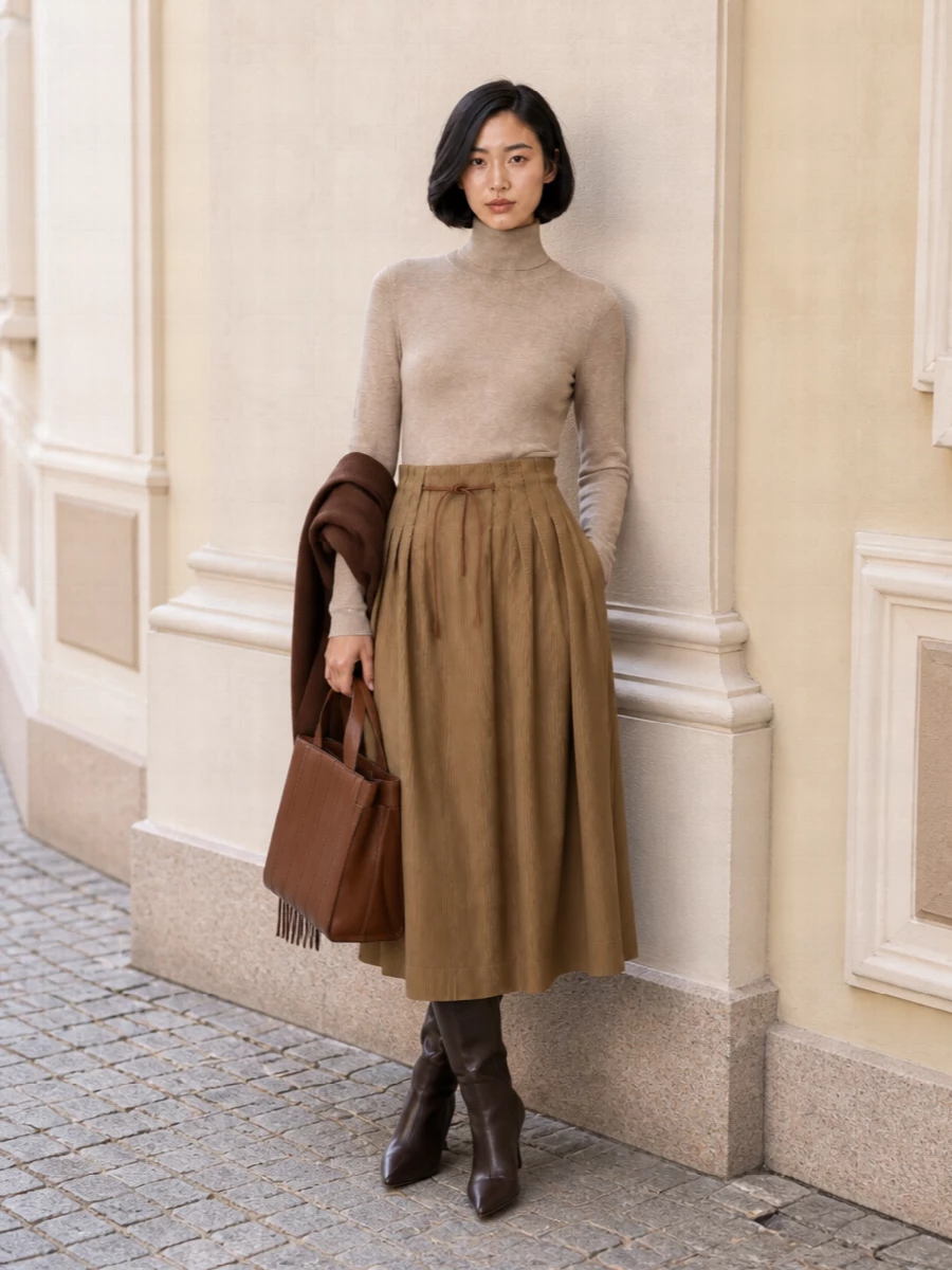 Max mara camel midi skirt knee boots outfit