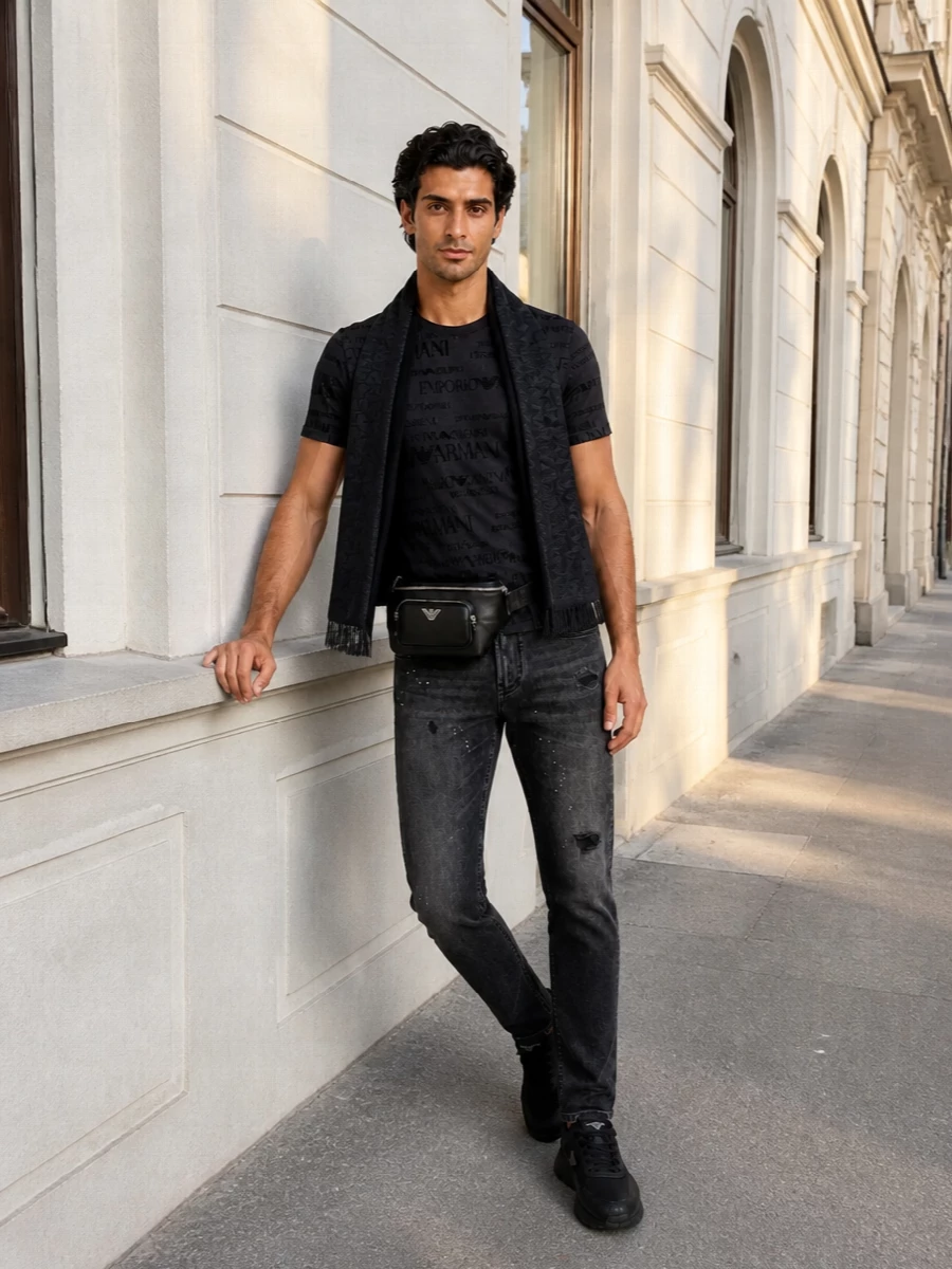 Emporio armani black logo tee black jeans outfit
