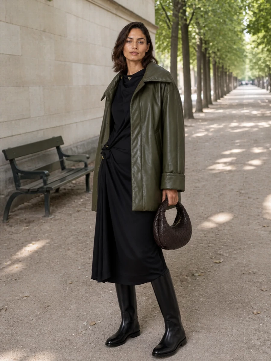 I am keeping this firmly in the dress route: the coat’s sculpted cocoon reads strongest over a single, fluid black column rather than competing tailoring layers. The asymmetric black midi, sharp knee boot and padded chocolate crescent bag create a long, quiet line, so the olive coat becomes the architectural outer shell rather than one more layer in a suit. The result is city evening dressing that feels modern, minimal and assured without reading corporate.