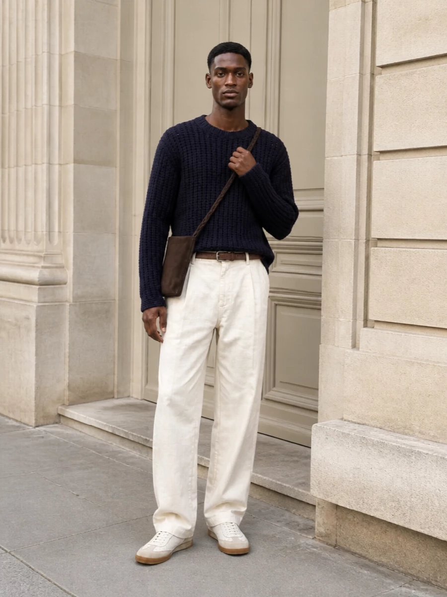 Barena wide trousers navy sweater sneakers