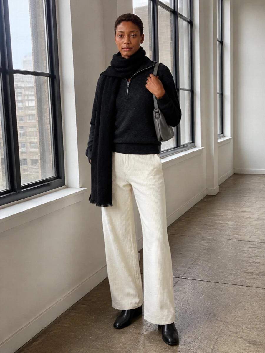 Rohe half zip sweater ivory wide leg trousers