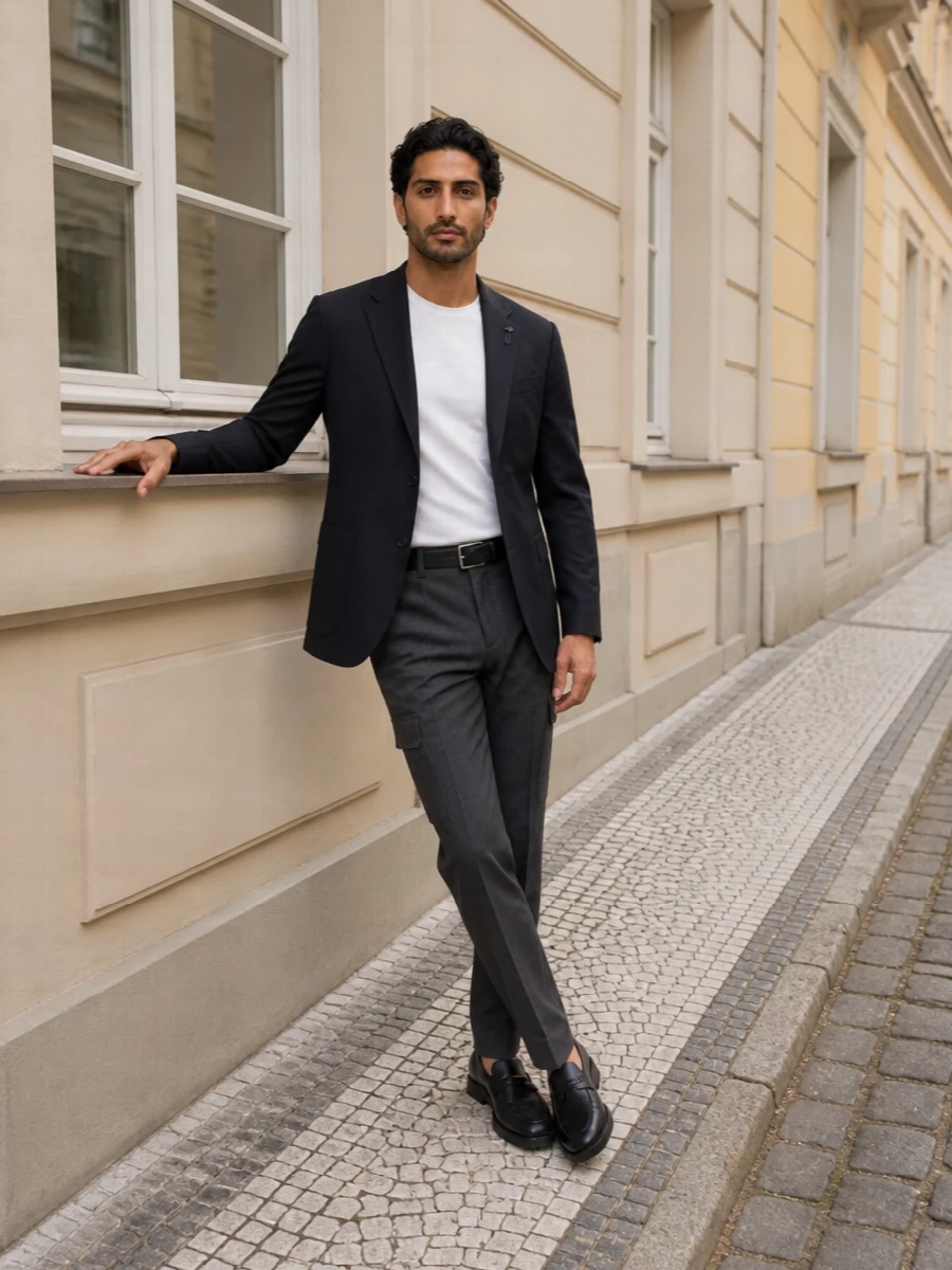 Lardini cargo trousers navy blazer tods loafers