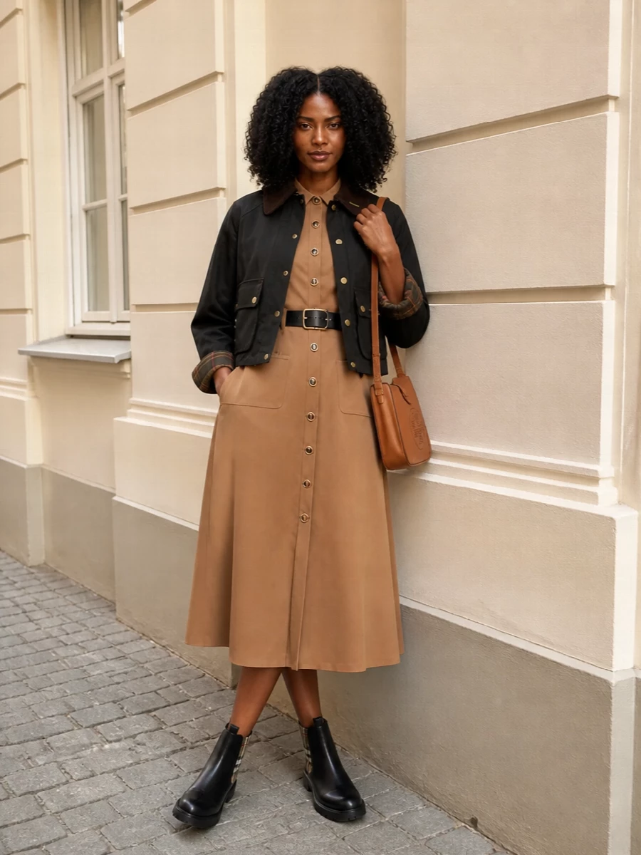 Barbour jacket self portrait camel shirt dress outfit