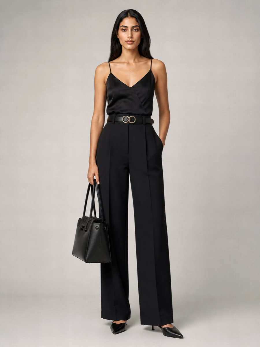 A pure black column of high-waisted tailoring and a wrapped camisole creates a long, fluid line that feels precise yet quietly seductive. Pointed kitten mules and a structured tote keep everything sharp and modern, while a slim belt defines the waist with just a trace of gold. It reads as confident, Italian minimalism suited to formal dinners, client evenings or art openings.