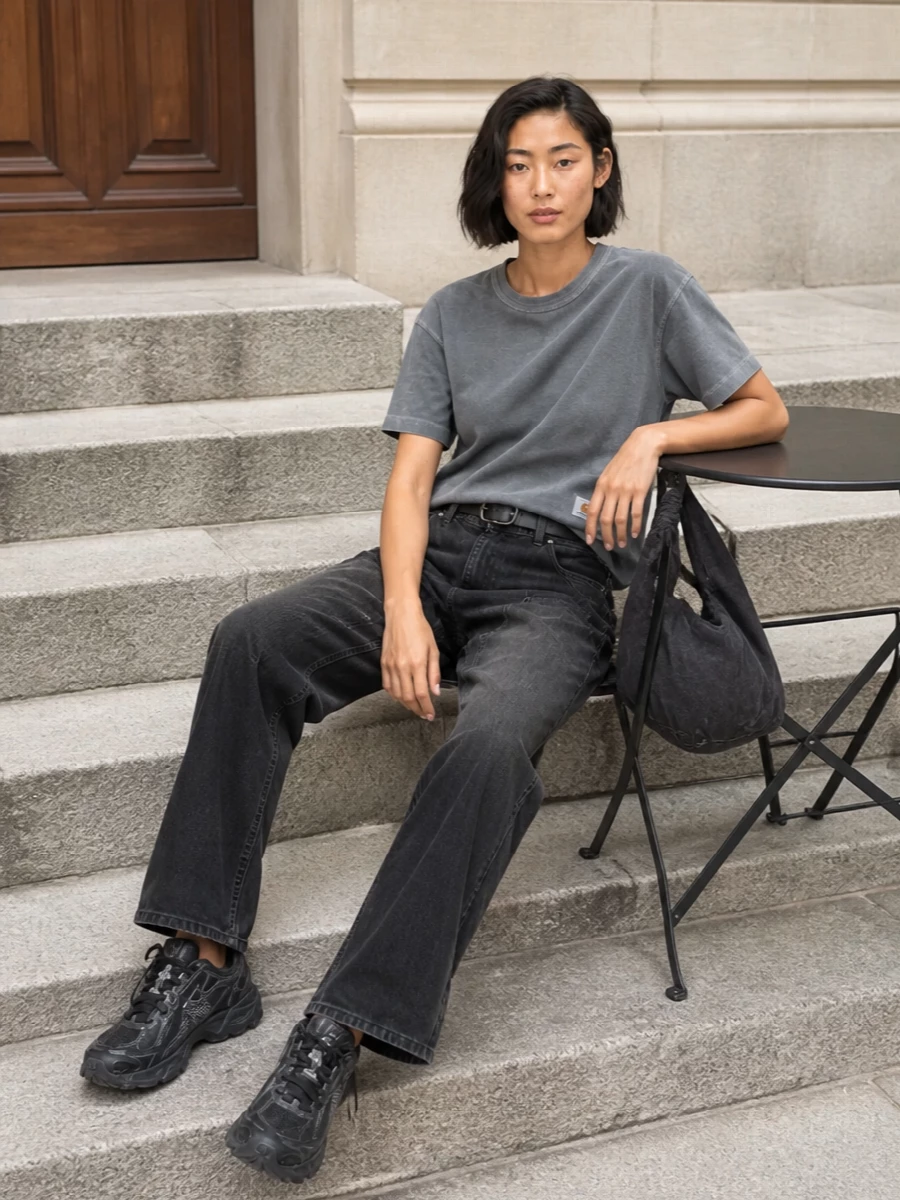 Carhartt jeans slate tee new balance sneakers