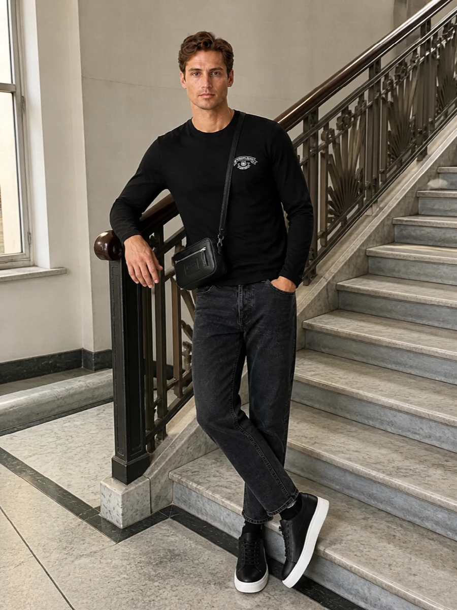 Emporio armani black tee washed black jeans outfit