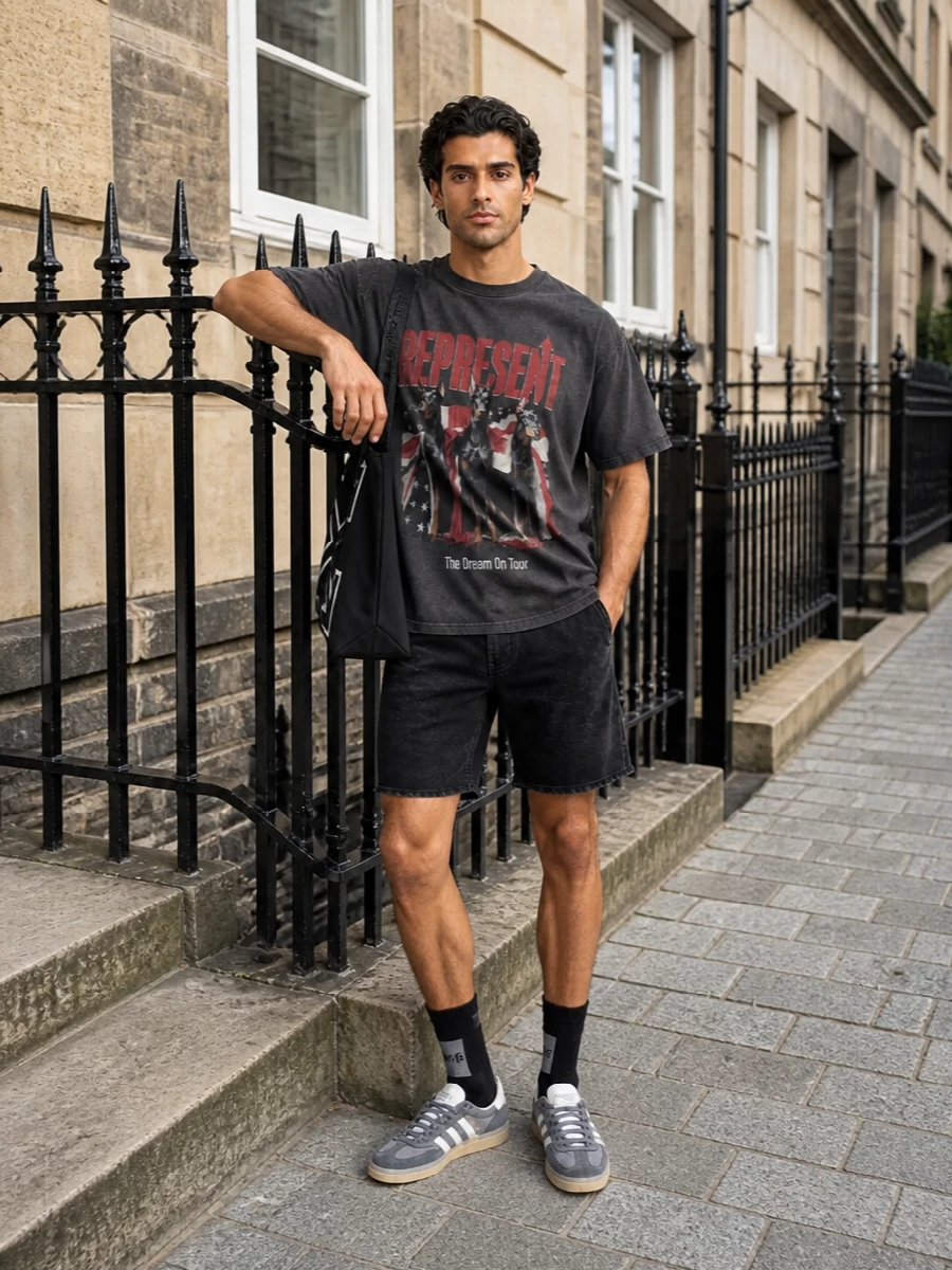 Represent tour tee black shorts adidas sneakers