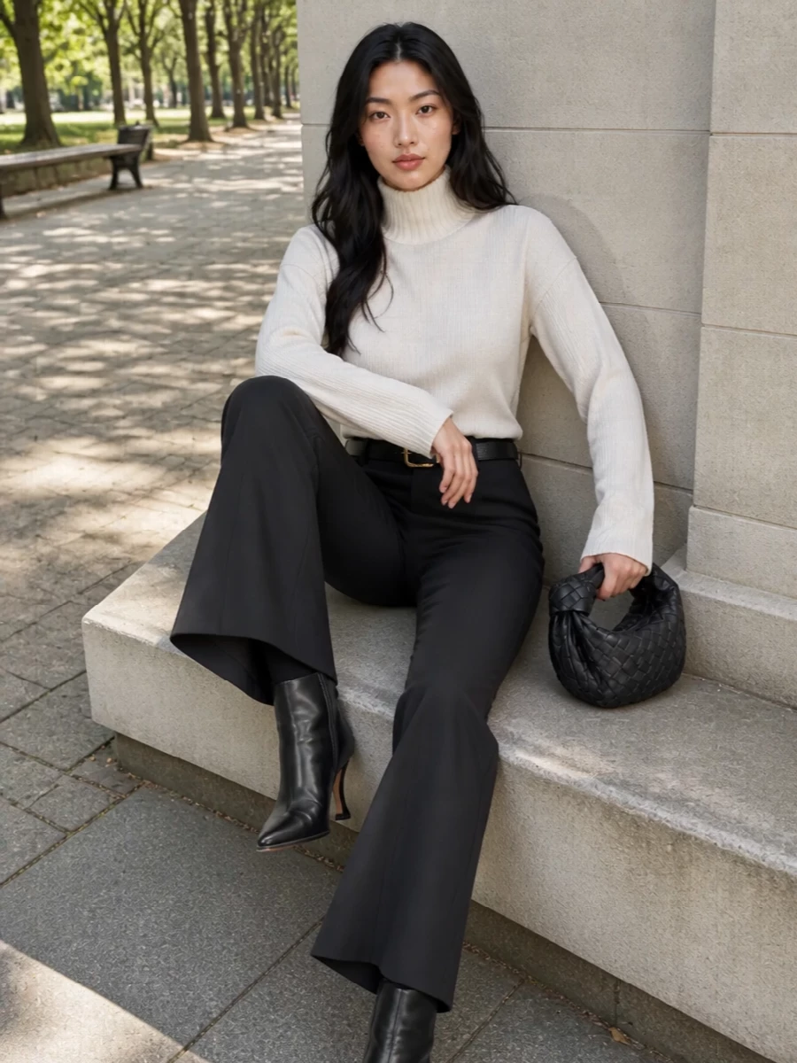 Bottega veneta black flare trousers ivory turtleneck