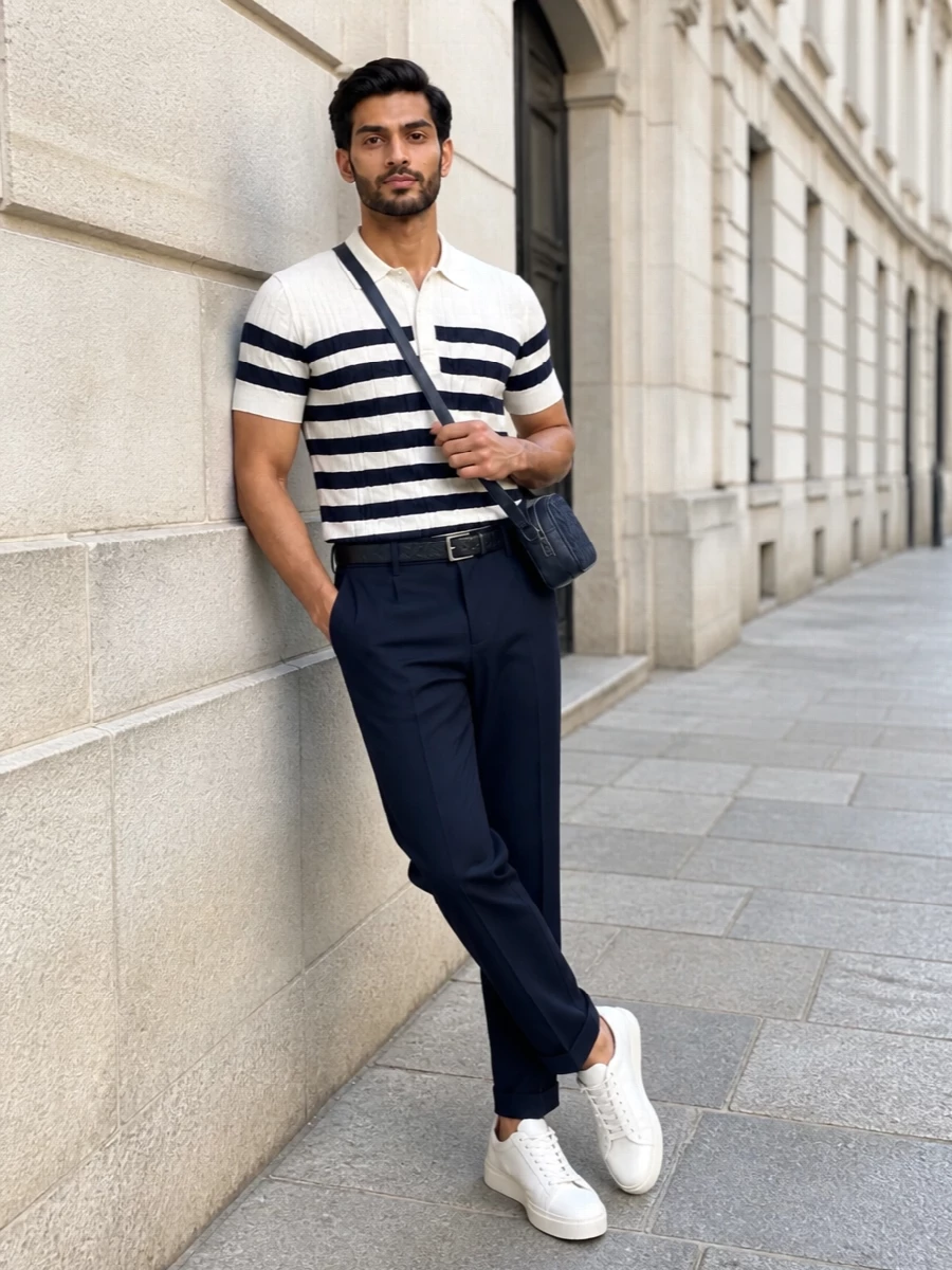 Balmain striped polo navy trousers outfit