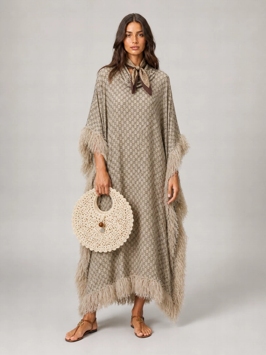 Gucci Silk Printed Feather Trim Long Kaftan Dress