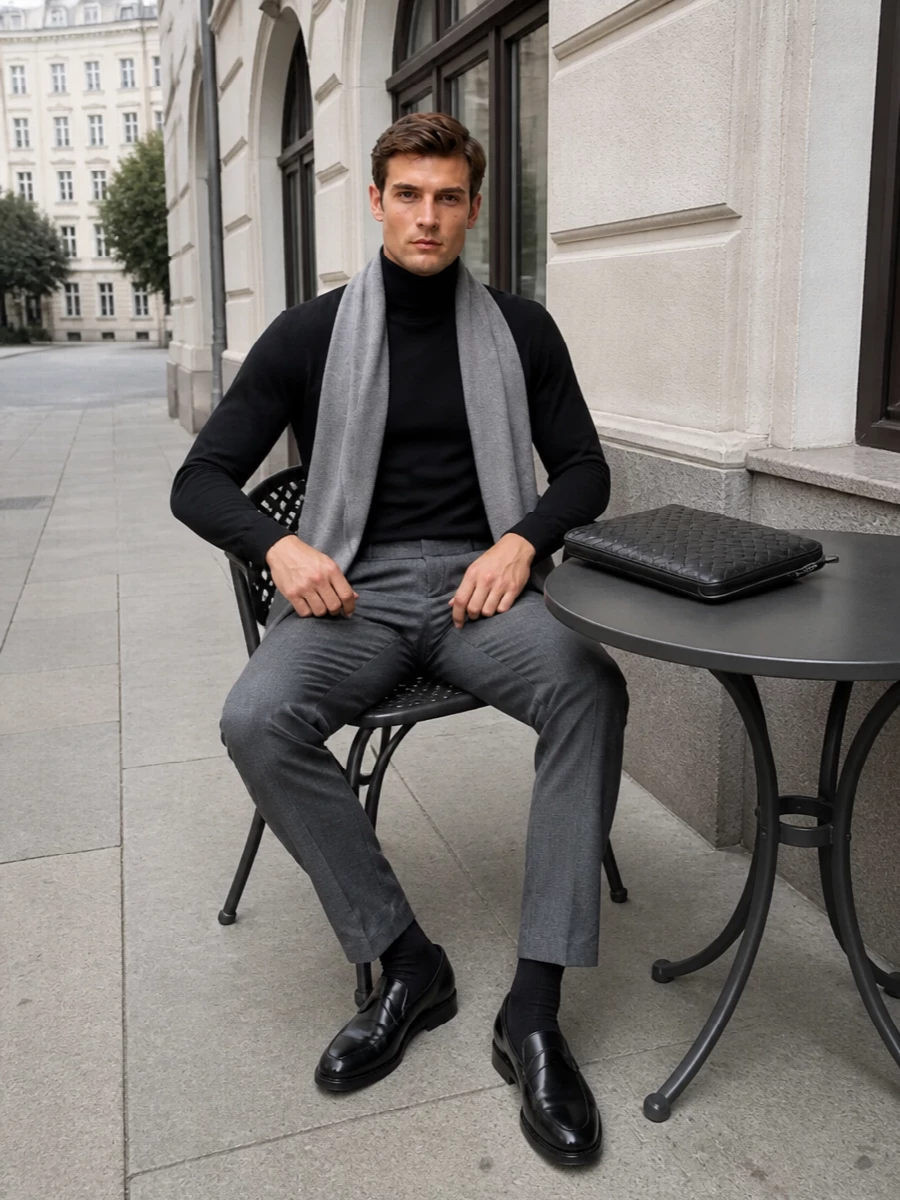 Lardini turtleneck grey trousers tods loafers