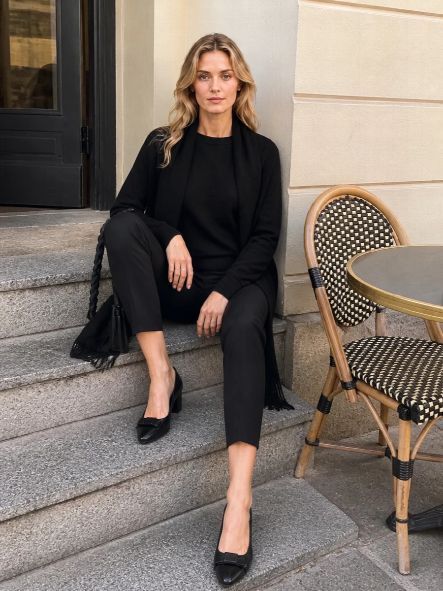 A head-to-toe black Max Mara mood, this pairing keeps the line slim and precise for a quietly confident day in the city. The cropped ankle trouser and soft crew knit create a clean column that works just as well with a desk-side agenda as it does a late dinner. Discreet heels and a compact structured bag finish the outfit with low-key polish rather than flash.