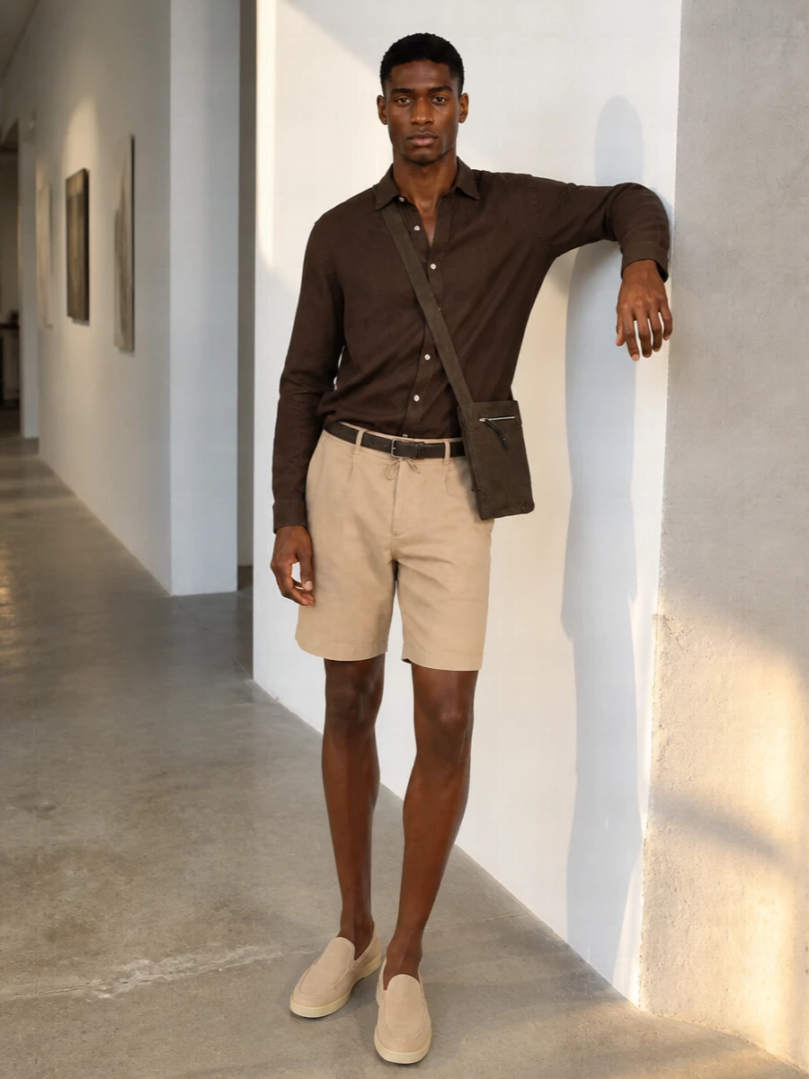 Woolrich brown linen shirt beige chino shorts outfit