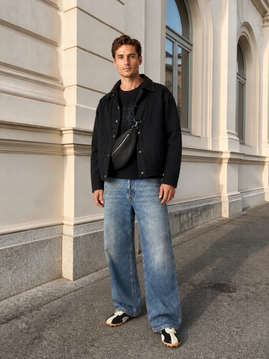 Maison margiela black jacket wide leg jeans outfit