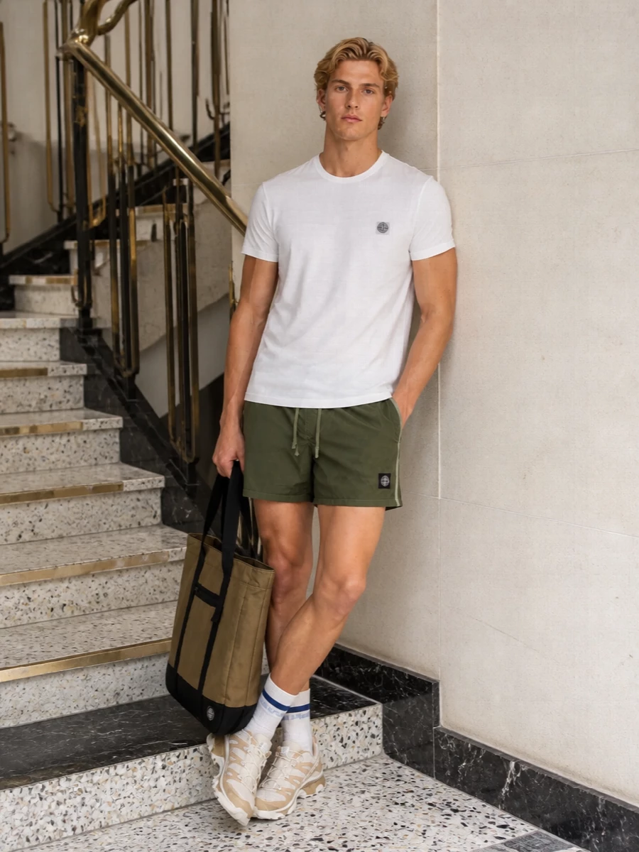 Stone island swim shorts technical sneakers outfit