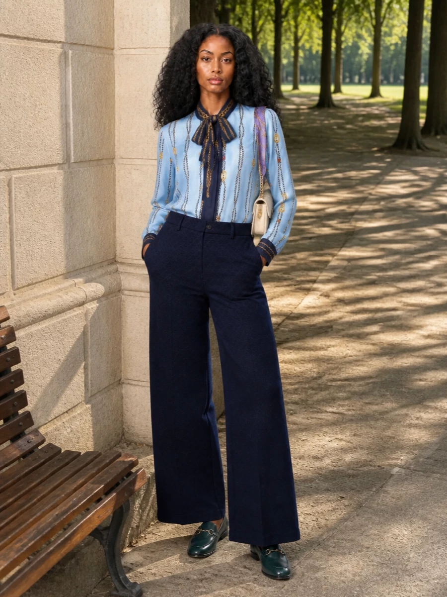Gucci silk shirt wide leg trousers outfit
