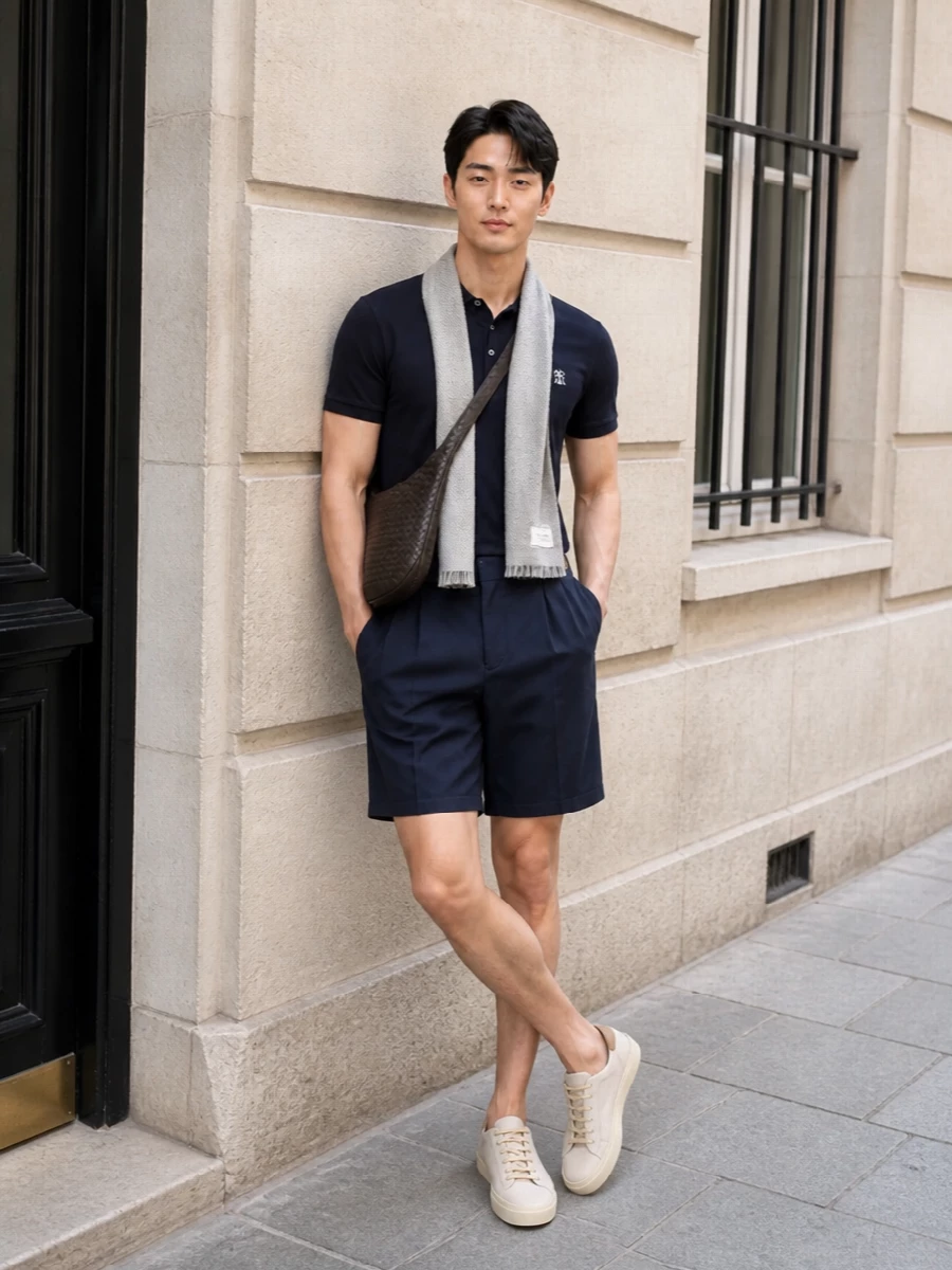 Brunello cucinelli navy polo pleated shorts outfit
