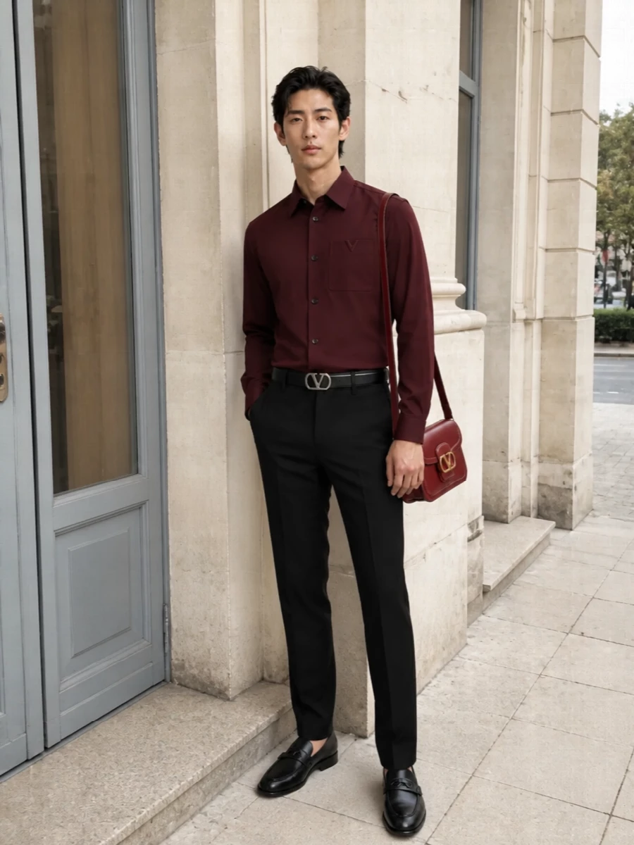 Deep burgundy and precise black tailoring create a controlled, quietly luxurious outfit that works from serious meetings through to late dinners. The regular shirt and straight-leg trouser keep the silhouette clean and assured, while the loafers and slim belt add just the right amount of formality. A structured bordeaux bag picks up the shirt tone for a deliberate, considered finish without feeling over-styled.