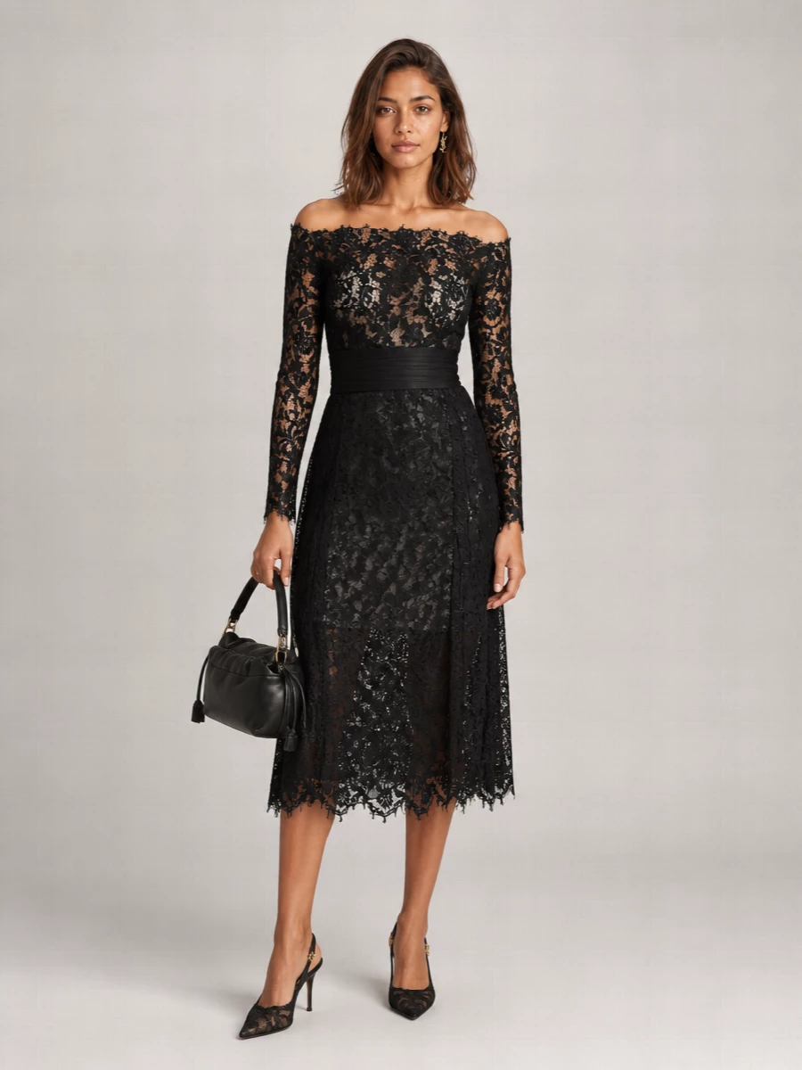Fendi Cotton Macramé Lace Off-The-Shoulder Bustier Midi Dress