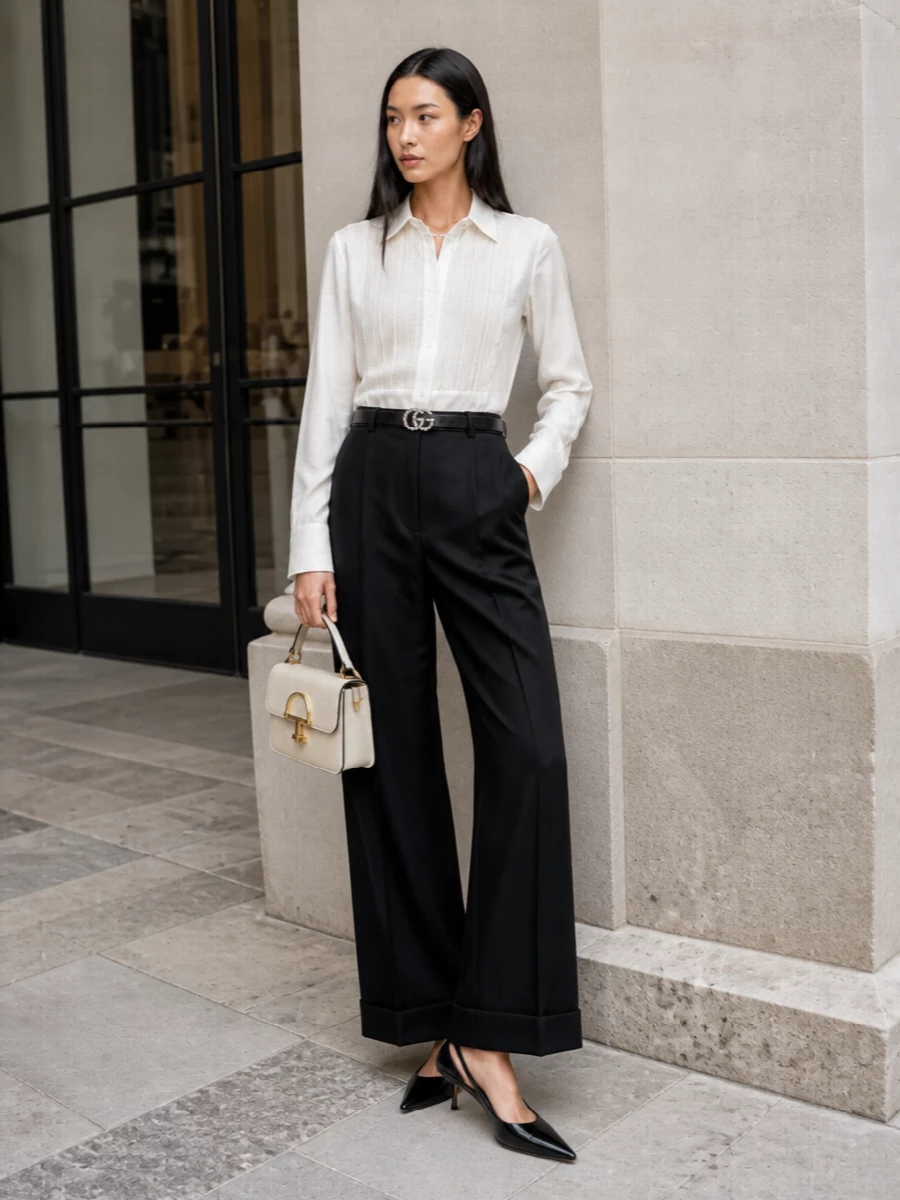 Designer black wide leg trousers tuxedo shirt outfit