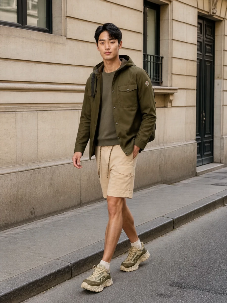 Moncler shirt jacket cargo shorts outfit