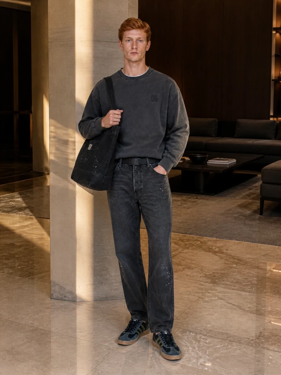 Carhartt wip grey jeans washed sweatshirt outfit