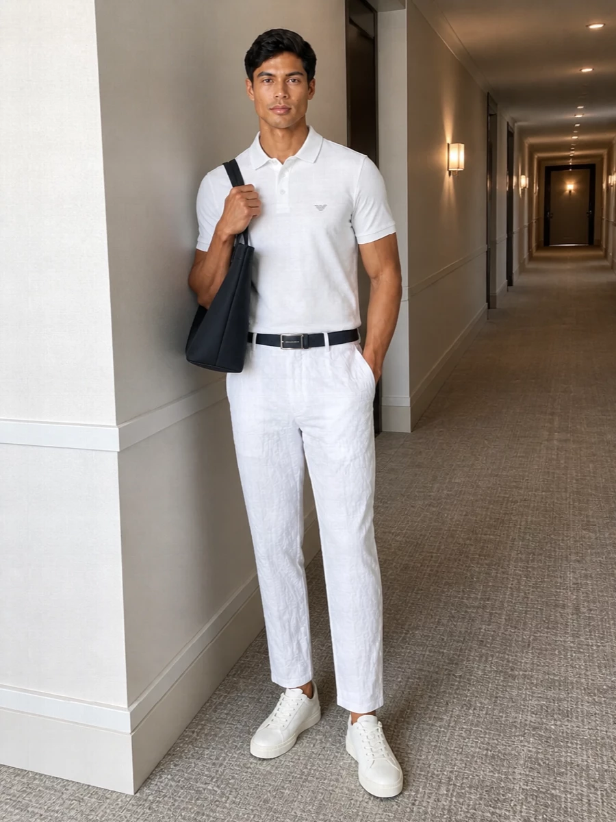 A white-on-white Emporio Armani pairing keeps things sharp yet relaxed, with the polo sitting cleanly over crisp textured trousers. Cream-toned leather sneakers keep the mood calm and minimal, while a navy belt and tote add just enough depth for city days without disturbing the serenity of the palette. The result is understated Italian polish that moves easily from terrace lunch to coastal evening.