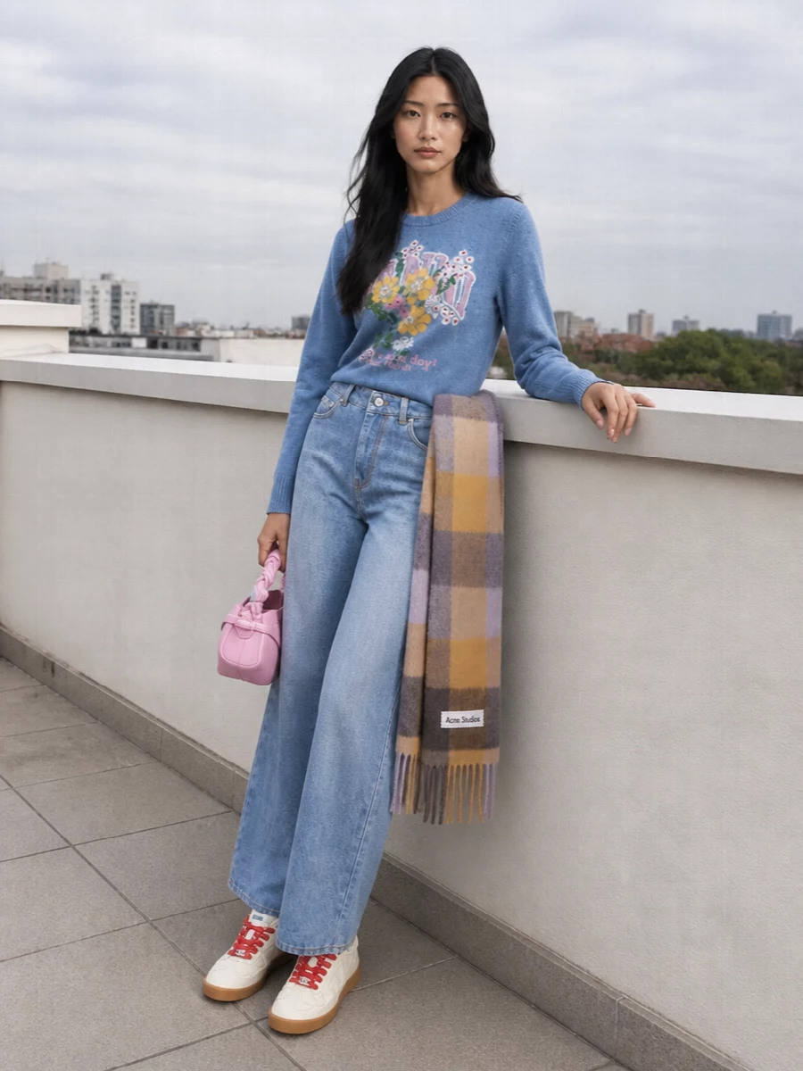 Ganni sweatshirt wide leg jeans pastel accessories