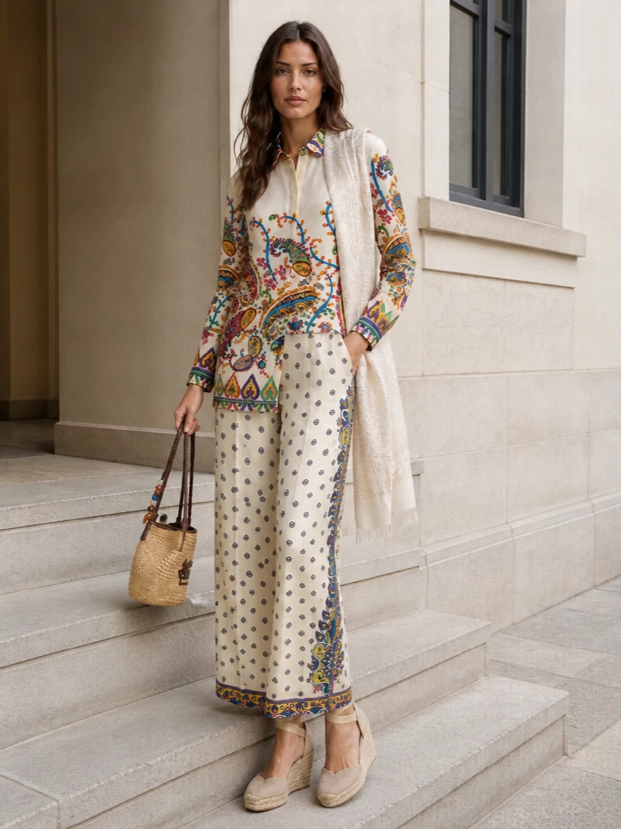 Etro paisley shirt wide leg trouser outfit