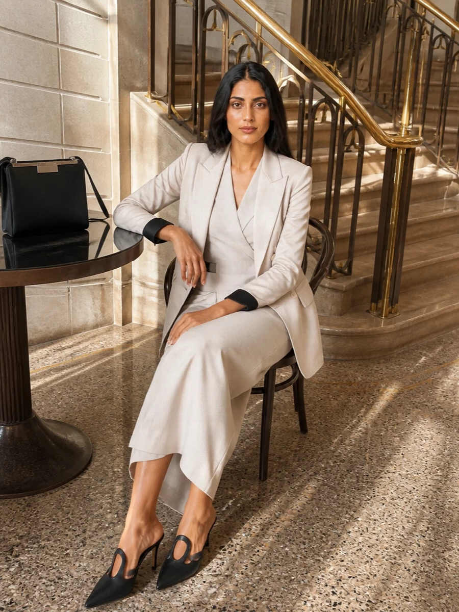 Max mara tuxedo blazer halter midi dress outfit