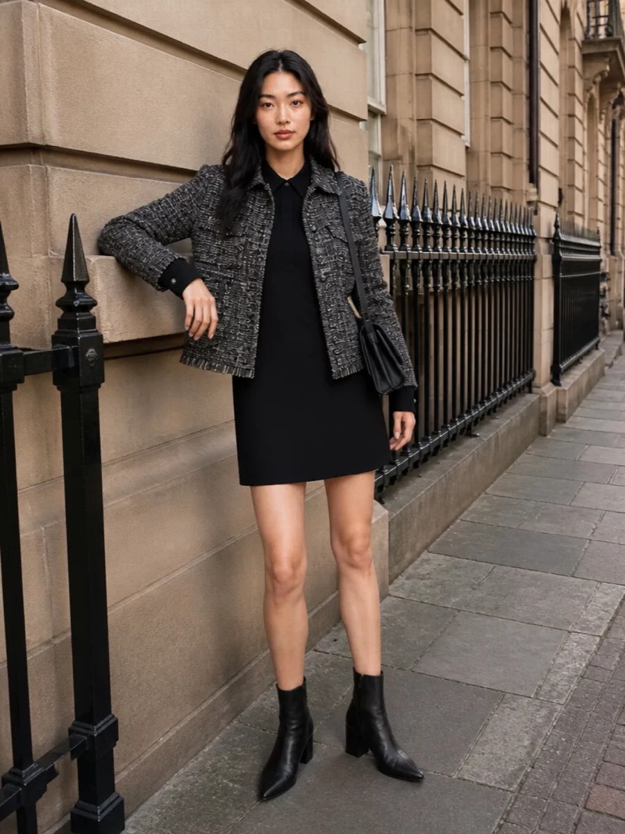 I built this around the dress path so the tweed coat can sit over one clean, sculpted column rather than juggling extra tailoring layers. The collared black mini, pointed ankle boots and quilted shoulder bag keep everything in a deep, tonal register that lets the coat’s texture read as subtle depth, not noise. It feels like a quietly sharp city evening outfit you can wear from gallery to dinner without changing a thing.
