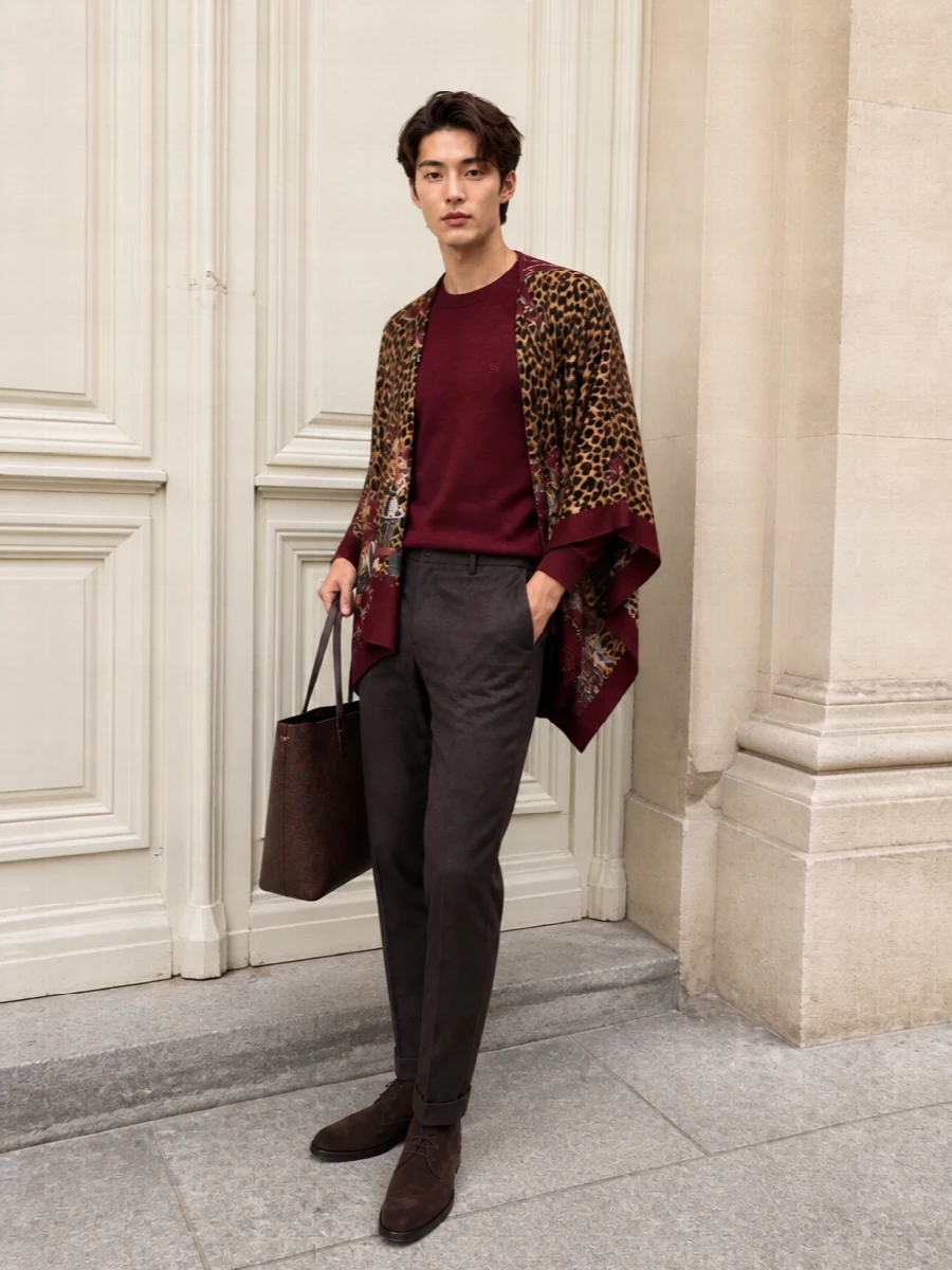 Etro poncho burgundy knit desert boots outfit