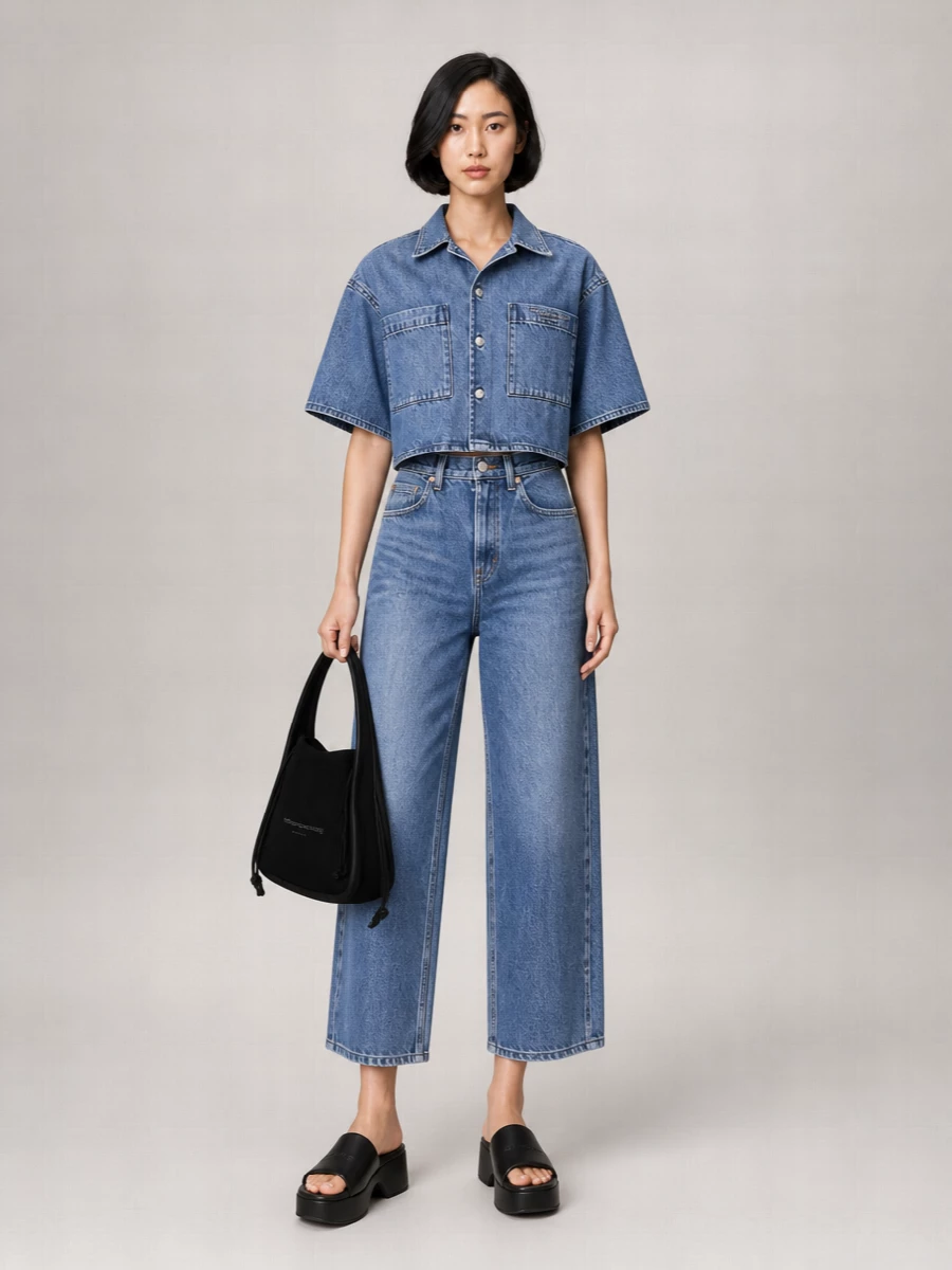 Alexander Wang Cropped Denim Short-Sleeve Shirt