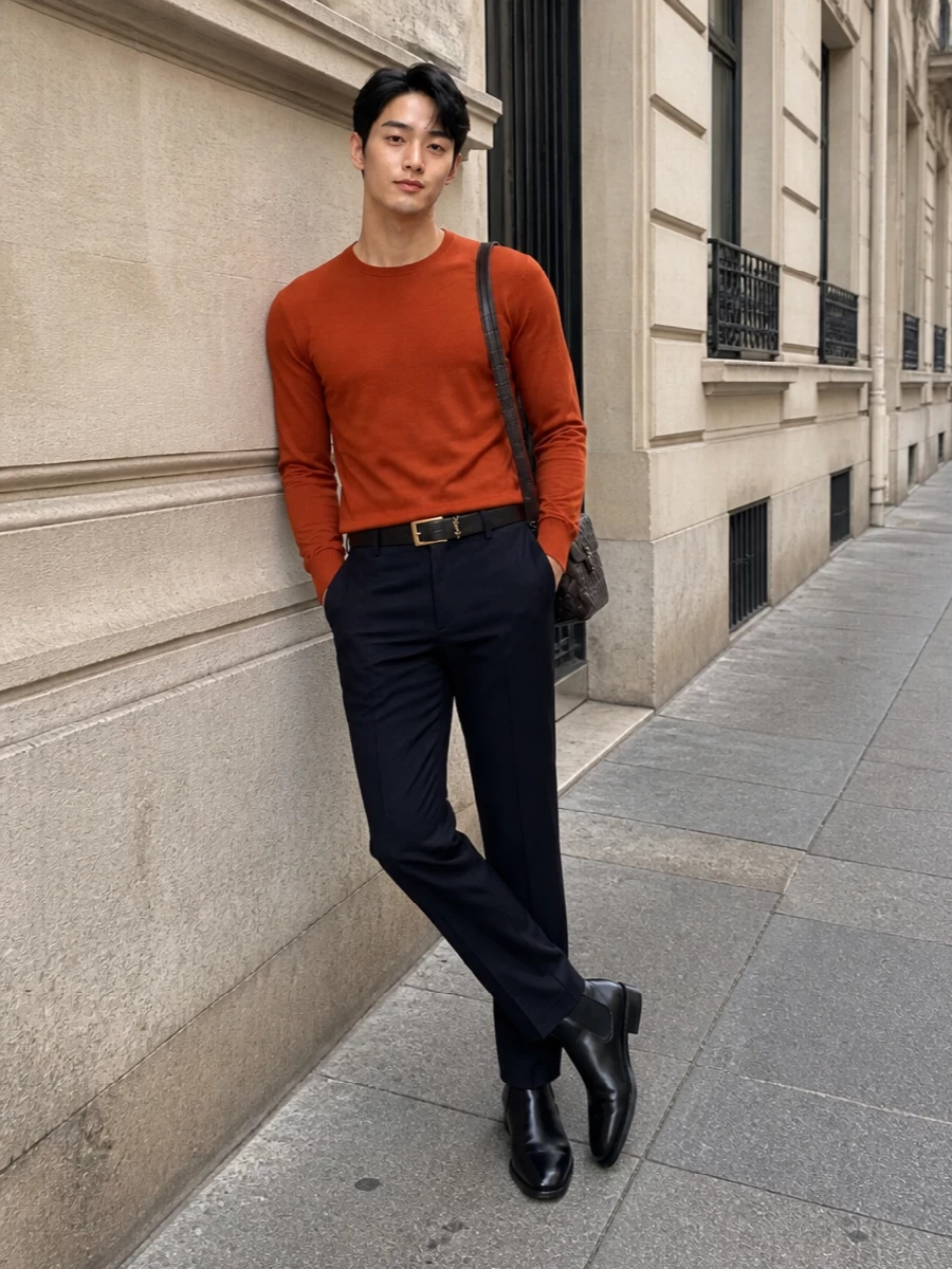 Saint laurent knit navy tailored trousers outfit