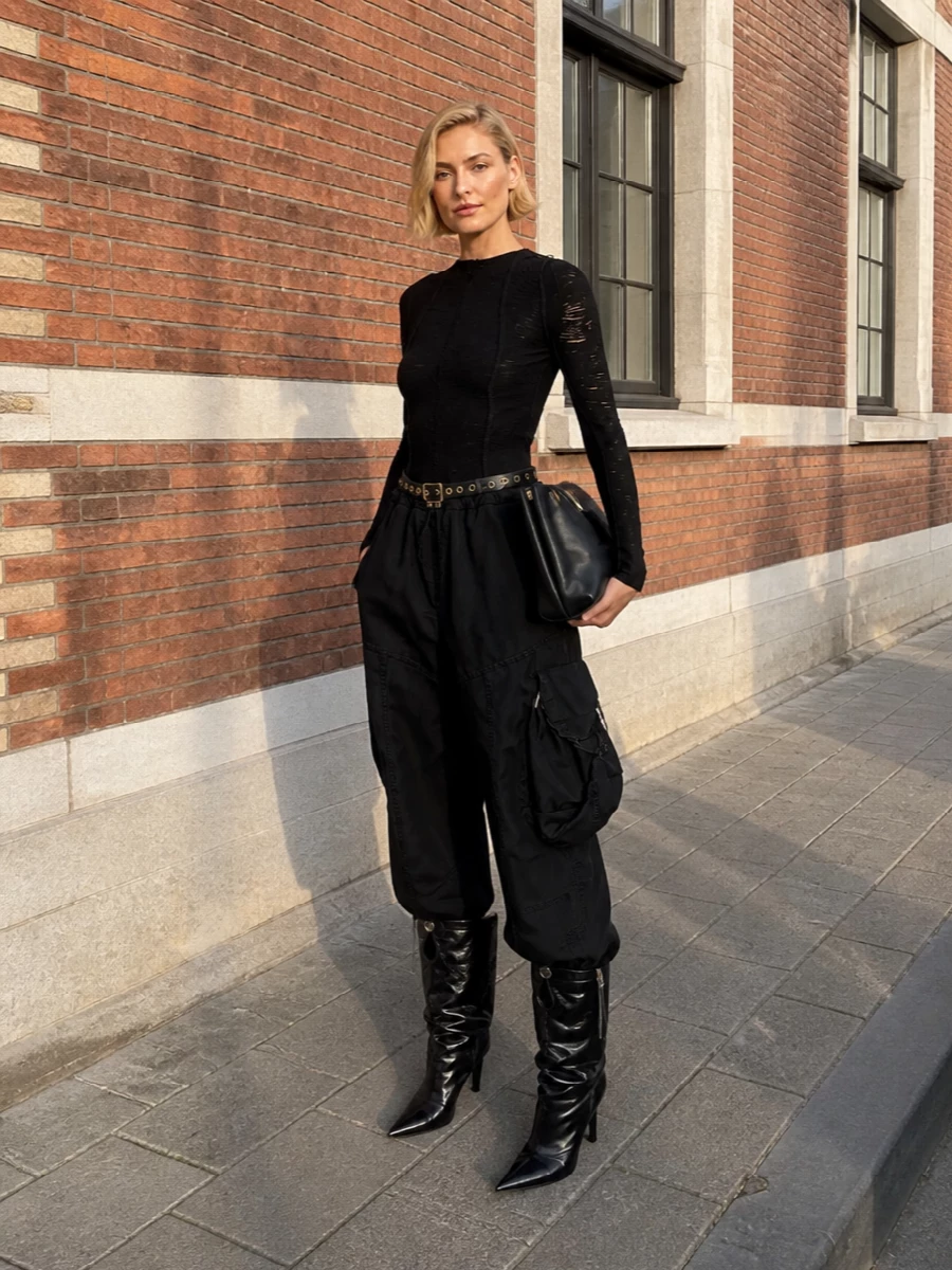 The attico black cargo pants stiletto boots outfit