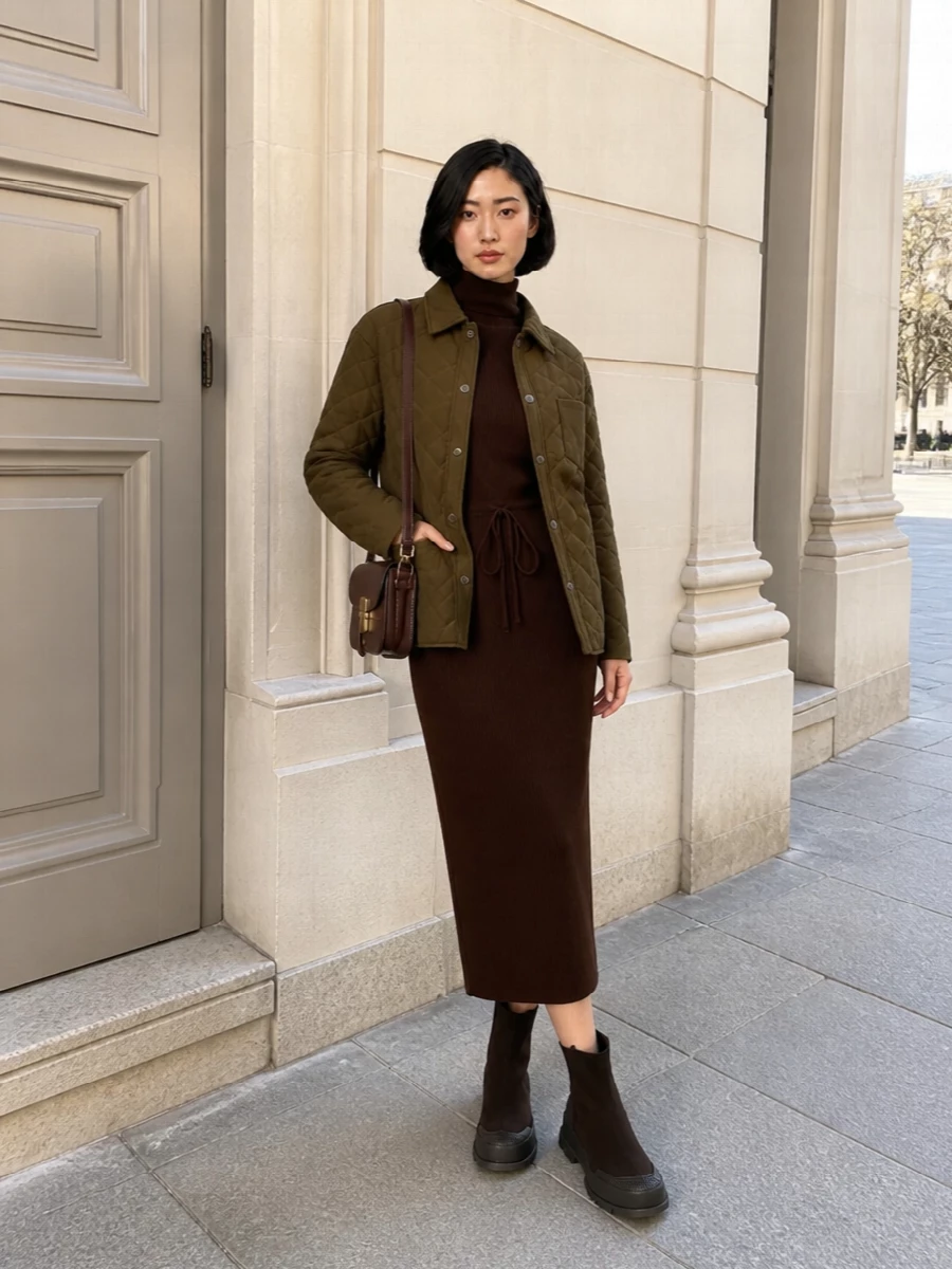 Apc quilted jacket brown knit dress outfit