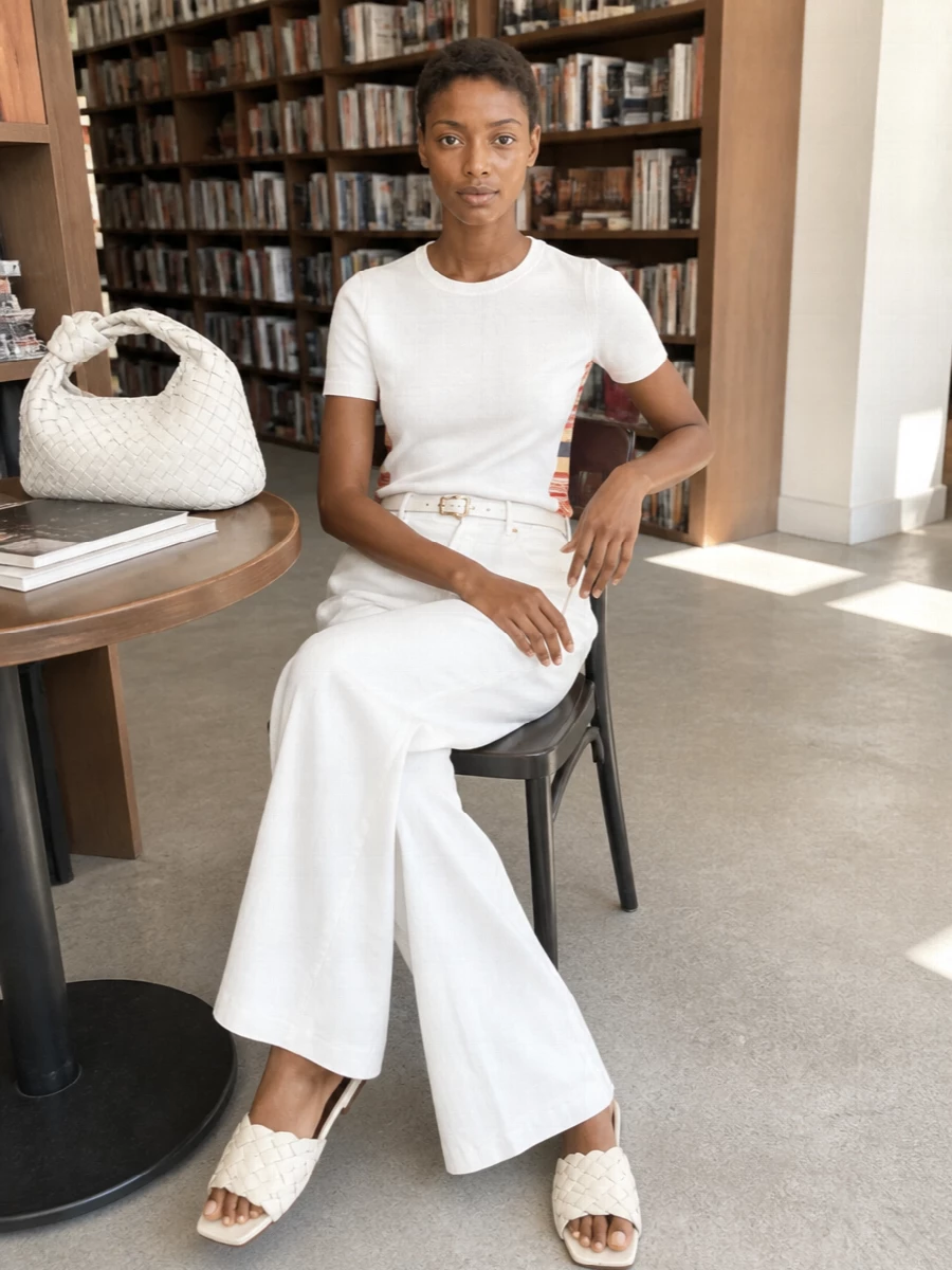 Bottega veneta white tee wide leg trousers outfit